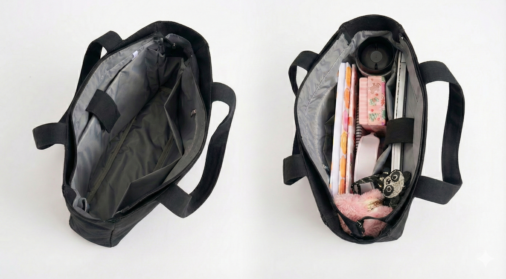 chat şimdi bu boyuta göre bir tek omuz çantası oluştur siyah ama eşyalar içine sığmıyormuş olsun kadın zorlama çalışsın ama çantada eşyalar sığmasın örnek laptop defter gibi makyaj ürün vs derken